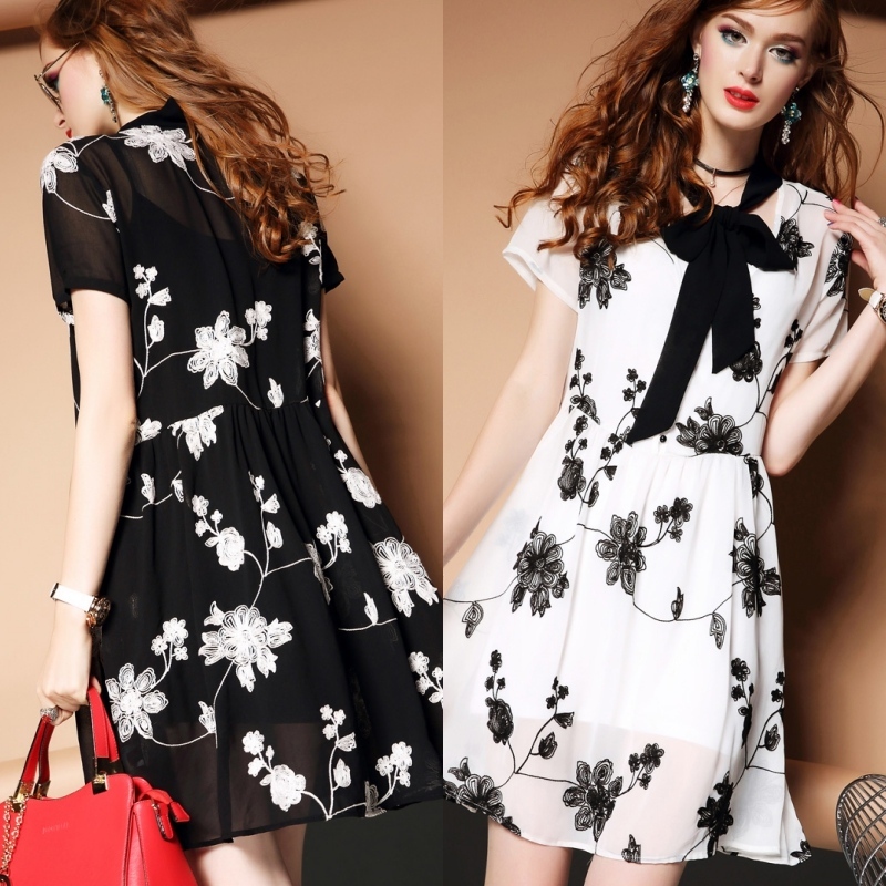 ワンピース レディース 花柄ワンピース Aラインワンピース ショート ミニ 色違い リボンタイ 半袖 モノクロ 白 黒 ボタン Happy Toon