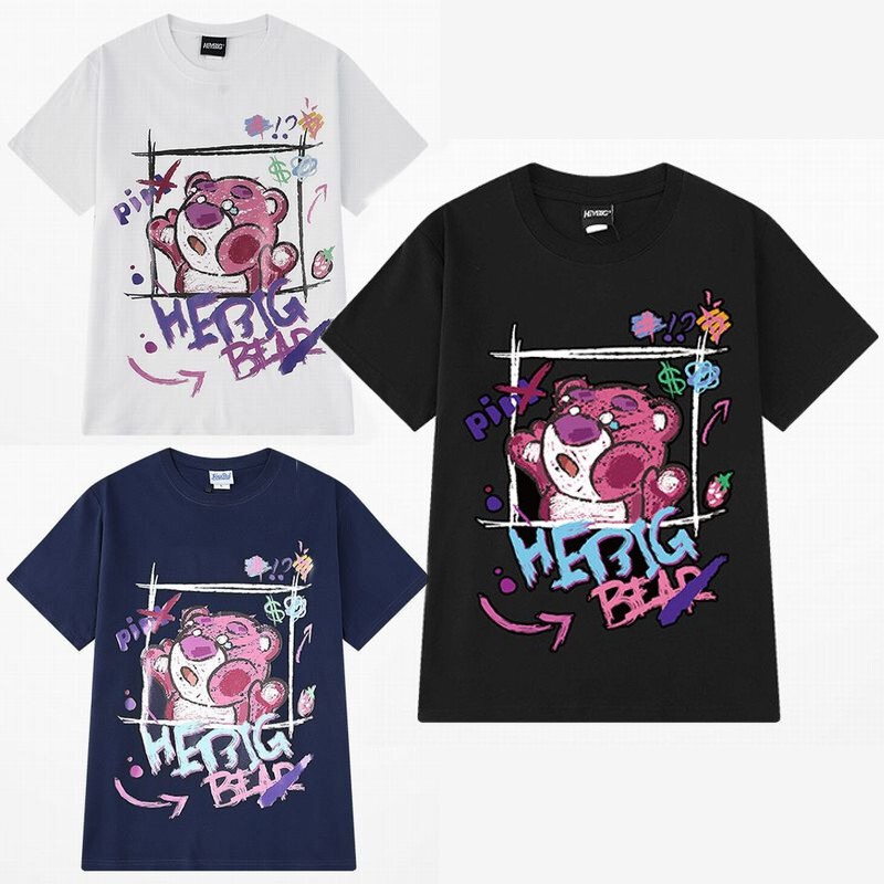韓国ファッション Tシャツ ユニセックス 半袖 Tシャツ メンズ レディース かわいい 落書き風 クマちゃん プリント オーバーサイズ 大きいサイズ ルーズ ストリート
