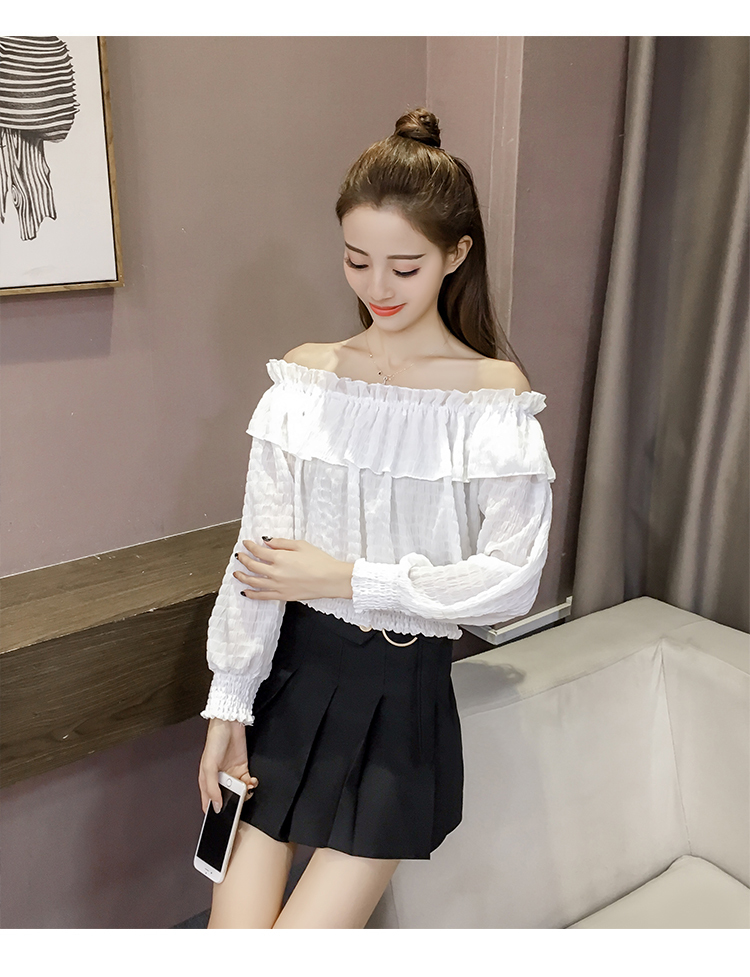 韓国 オルチャン トップス 春夏 可愛い 襟 フリル シフォン オフショルダー ブラウス 長袖 M6 Bonheur Femme ボヌール ファム