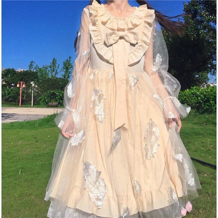 ロリータワンピース トップス スイート ガーリー ラブリー ひざ丈 袖あり 長袖 ラウンドネック