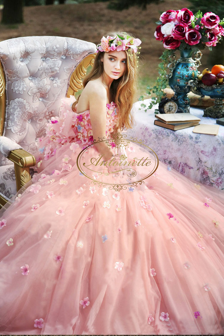 花柄 ゴージャス Aラインドレス 華やか 可愛い ピンク ウェディングドレス ドレス 結婚式 二次会 花嫁 カラードレス ウエディング ブライダル 大きいサイズ Antoinette