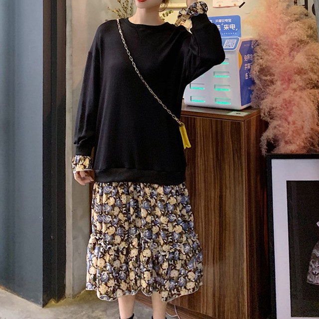 M 4xl 大きいサイズ 重ね着風ワンピース ロングスカート トレーナー マキシ丈 レディース 長袖 春秋 Ll 2l 3l 4l 5l 花柄 トレーナー 無地 大きいサイズ専門店 Rubys