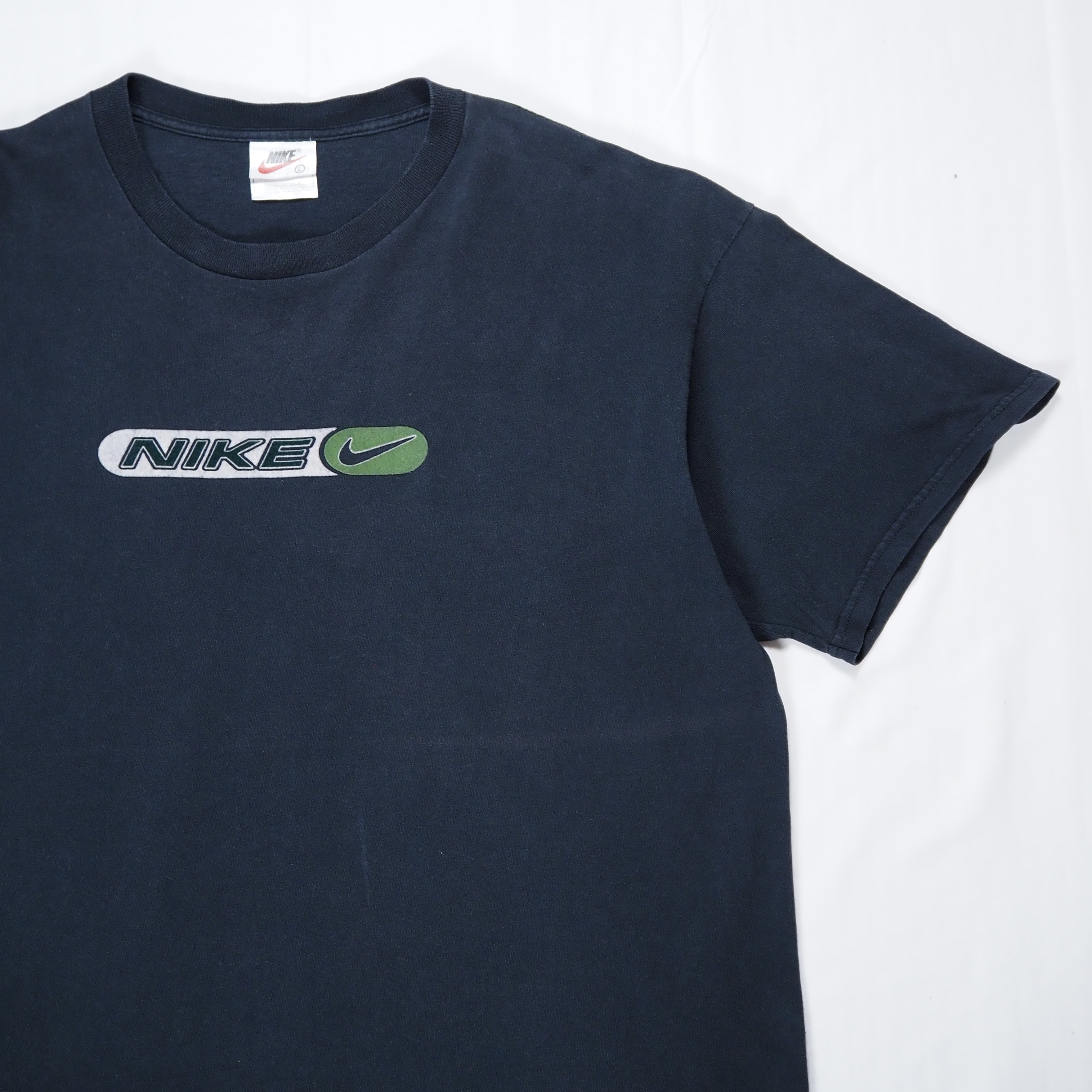 90’s-00’s NIKE フロッキープリントロゴTシャツ ネイビー Lサイズ の画像 3