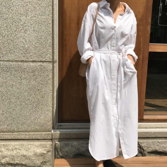 レディース ワンピース シャツワンピ サッシュベルト 長袖 ロング丈 マキシ丈 カジュアル 大人女子 可愛い S M L Xl サイズ Manajily オルチャン 韓国 プチプラレディースファッション