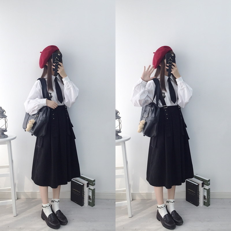病みかわいい 黒 スカート ゴスロリ ストラップ付き ミモレ丈 ガーリー 原宿系 10代 20代 天使と悪魔 サブカル系ファッション