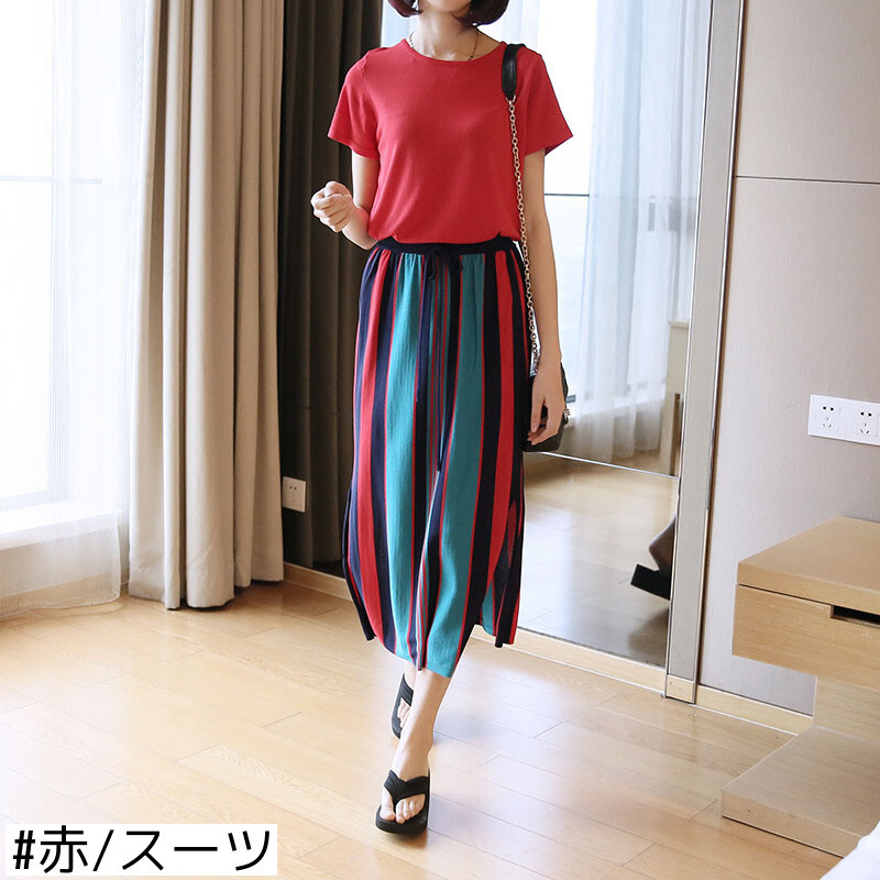 2020夏の新しい女性のセーターのセーターのカジュアルなストライプのスカートツーピースのスーツ サマー 夏物 レディース【送料無料