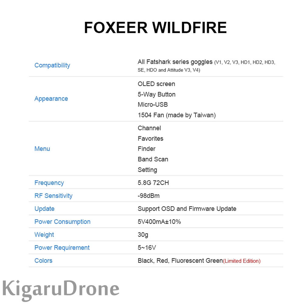 Foxeer Wildfire 5.8G Goggle Dual Receiver Fatshark FPVゴーグル対応 | KigaruDrone