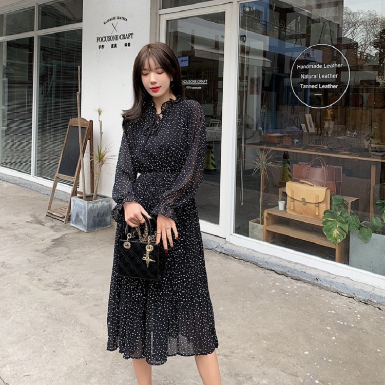 水玉ワンピース ドット柄ワンピース 水玉ワンピ ドット柄ワンピ ワンピース ワンピ レディース 女性用 通販 通販ワンピ 通販ワンピース 水玉 ドット レトロ ひざ丈 黒 シフォン 長袖 ハイウエスト リボン デート 旅行 お呼ばれ 食事会 女子会 普段着 上品 大人かわいい