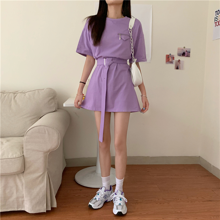 Tシャツ ワンピース ベルト付き パープル 韓国ファッション レディース Tシャツワンピース 紫 無地 ラウンドネック オーバーサイズ 半袖