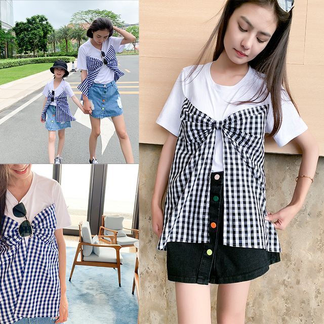 親子ペア ドッキングtシャツ ギンガムチェック 半袖 ラウンドネック バックリボン バックシャン カジュアル 春 夏 親子リンク 親子コーデ おそろコーデ リンクコーデ 親子 キッズ おしゃれ サイズ お出かけ Pl 0027 Y Orurea Berry オルレアベリー