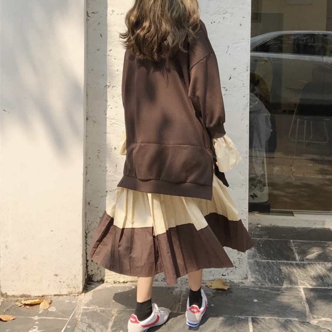 ゆったり レイヤード ワンピース レディース 秋 冬 服 ロング 丈 長袖 韓国 ファッション 大人 可愛い I プリーツ Op 0398 Happy Orurea ハッピーオルレア