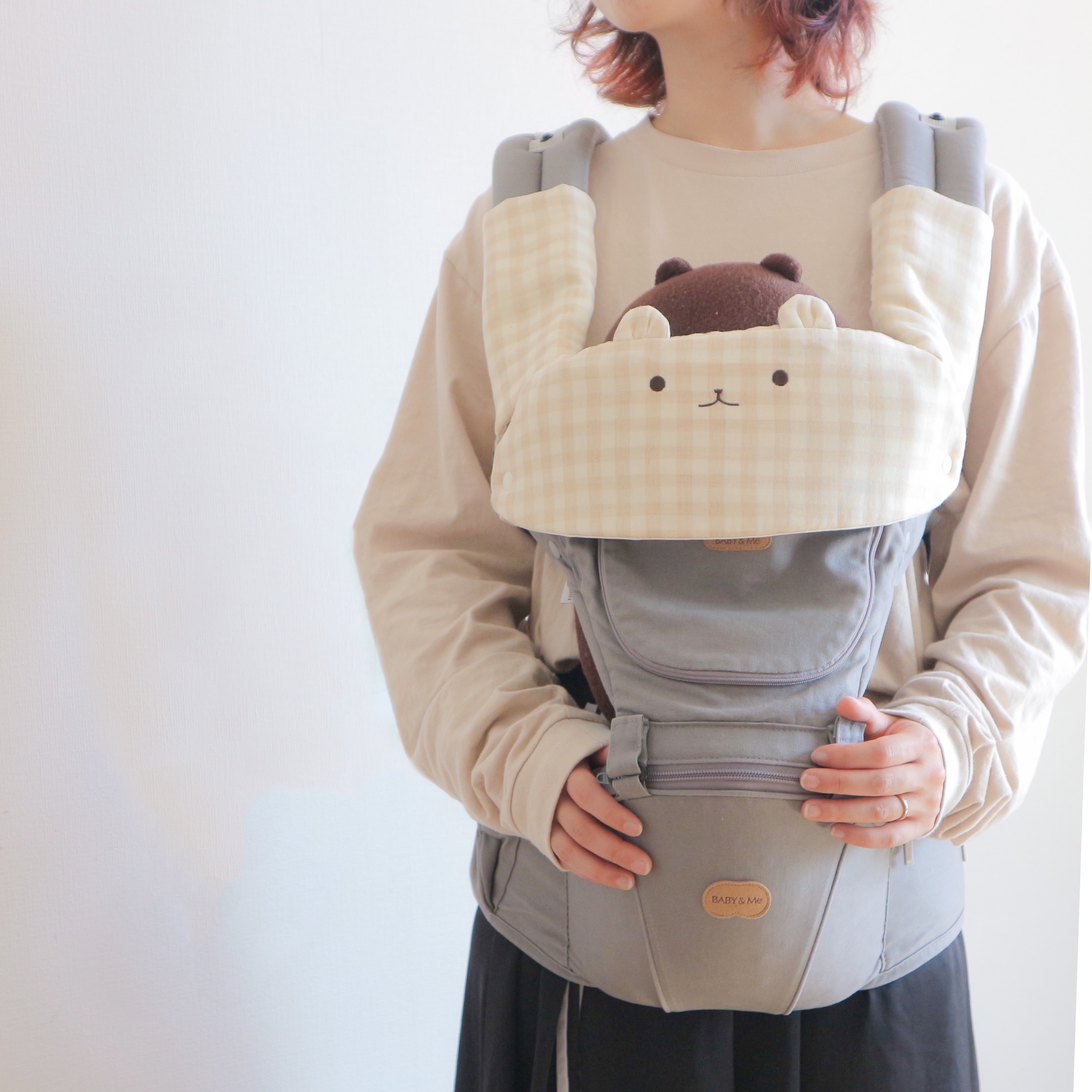 再販未定 つみきどうぶつの抱っこ紐カバー3点セット ベージュチェック Tsumikipoche