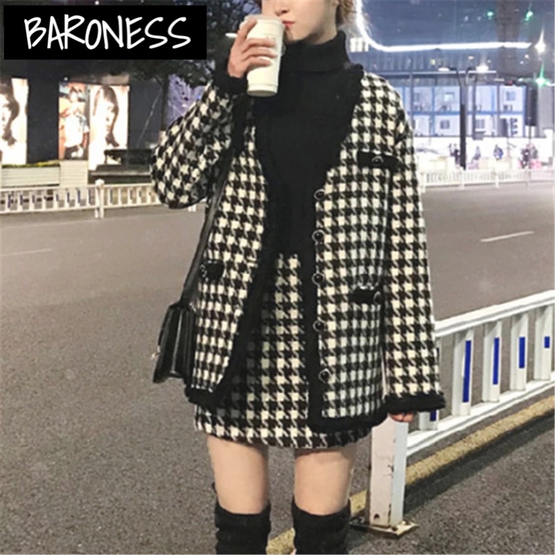 送料無料 セットアップ ジャケット スカート ショート 千鳥柄 韓国 海外 秋 冬 ブラック Baroness