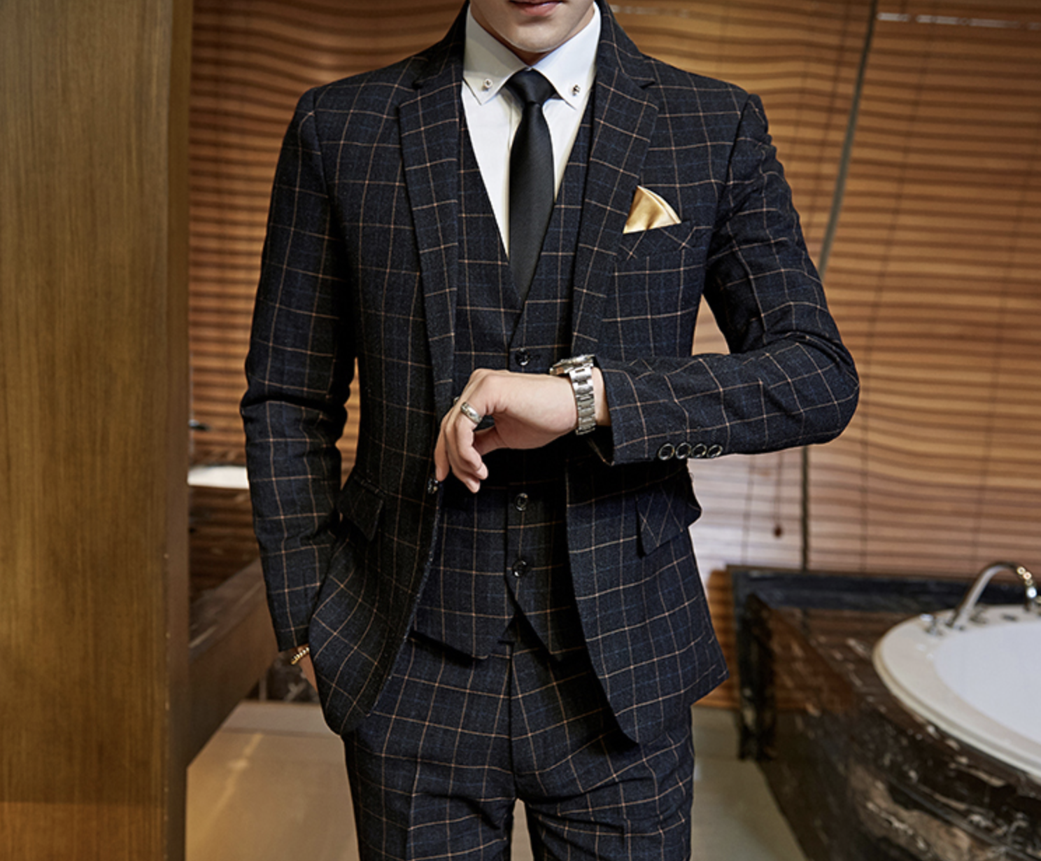 メンズ スーツ スリーピース 3ピース セットアップ チェック柄 ダークグレー E Vole