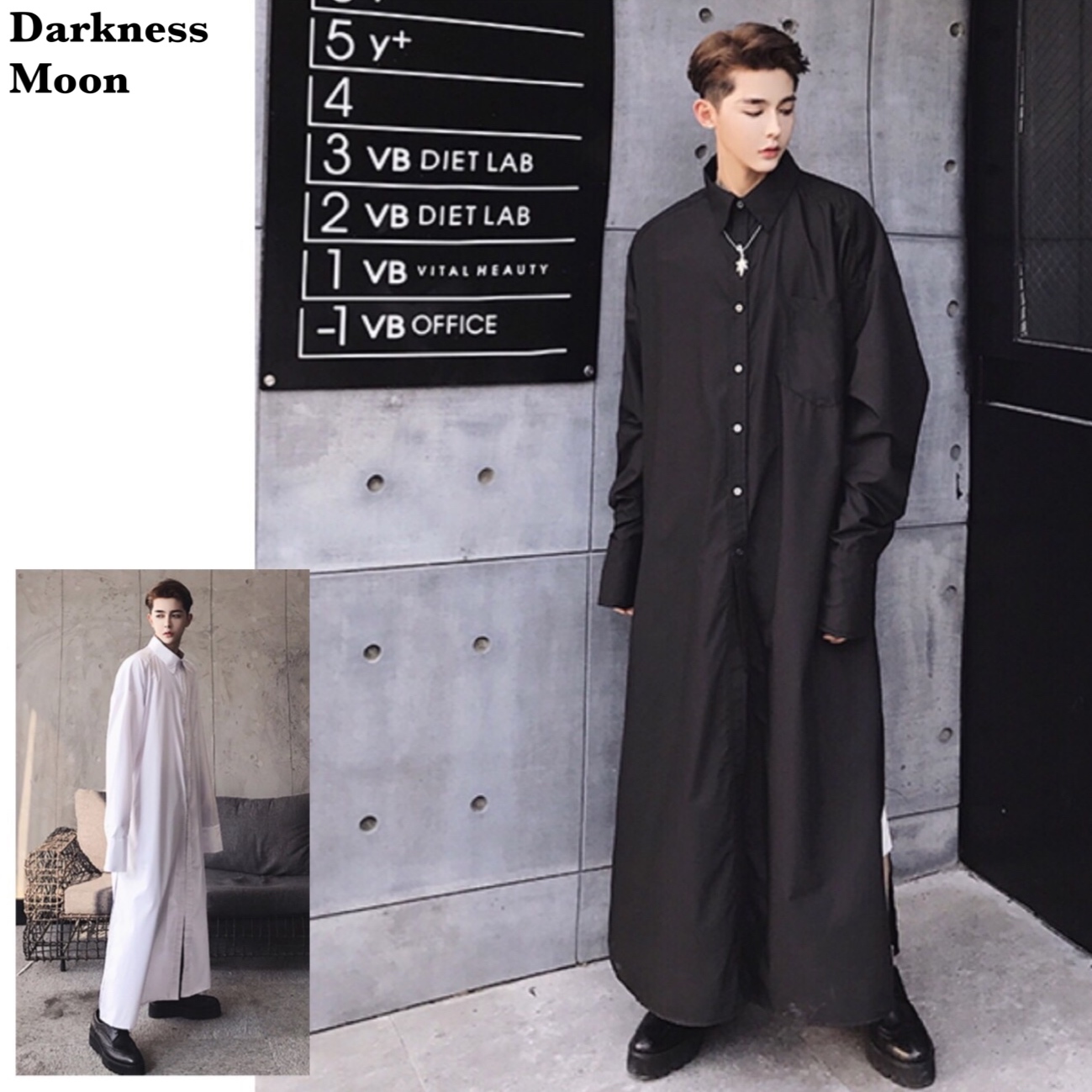 Darknessmoon Unisex 2color シンプル無地 スーパーロング丈 スリット シャツ ブラウス ガウン 羽織 ロングシャツ シャツワンピース メンズ レディース Darkness Moon