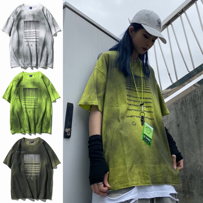 韓国ファッション Tシャツ ユニセックス Tシャツ 半袖 メンズ レディース タイダイ染め 絞り染め 英字 プリント ドロップショルダー オーバーサイズ 大きいサイズ ルーズ ストリート