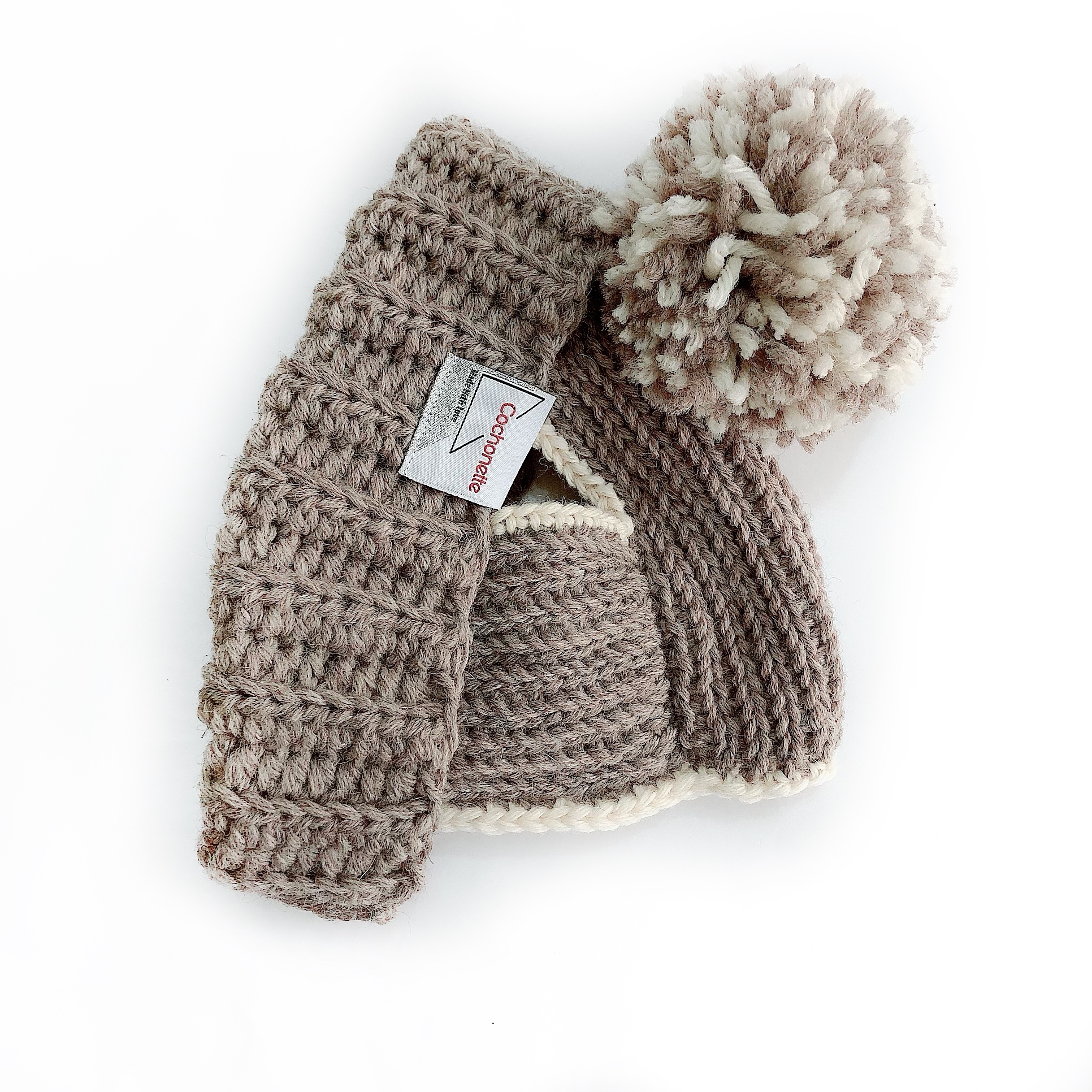 ポンポンニット帽 ブラウンベージュ オフホワイト Cochonette Dog Wear Creator