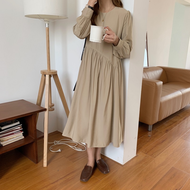 ゆったりワンピース 体型カバー 無地 長袖 ロング丈 ナチュラル リラックス クルーネック 春コーデ 春 秋 大人 デート 旅行 韓国 韓国ファッション オルチャン 可愛い おしゃれ レディース Fa Momolovely Com