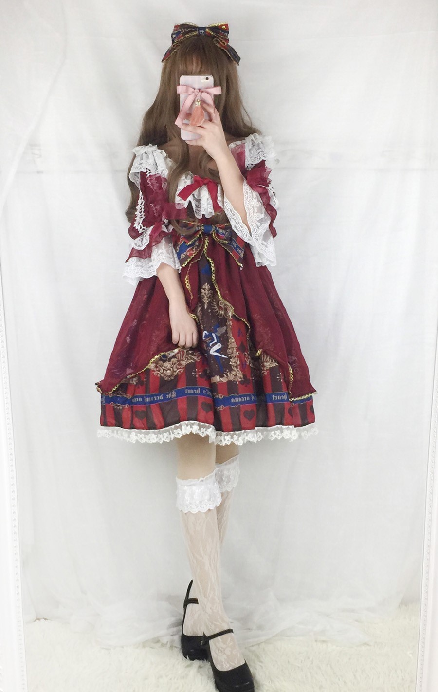 森ガール コーデ ゴスロリ コーデ 原宿系ファッション ★ フリル袖 ウエストリボン 膝丈 ワンピース ろりーた ワンピース ＆個性的