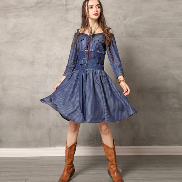 送料無料 デニムワンピース ストライプ オフショルダー ベルト付き フレア Aライン ゆったり 長袖 ガーリー カジュアル お出かけ デート 普段使い デイリー Op 275iu Imagibune