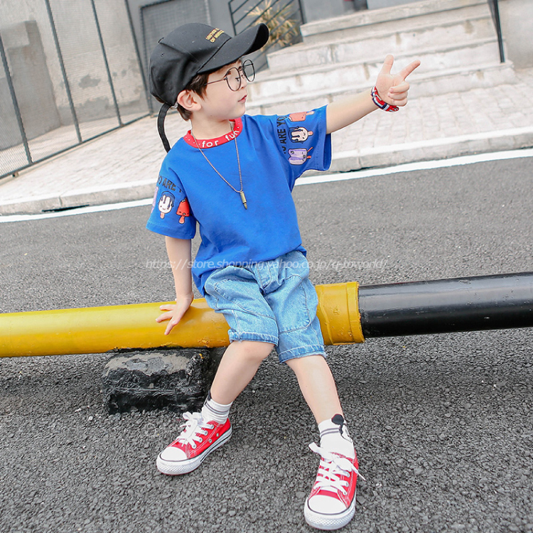 100 150 2点セット トップス パンツ ブルー 半袖 韓国版 韓国子供服 子供服 女の子 男の子 ジュニア Q Toworld キュートワールド 子供服 メール便は何点でも送料の合計は280円