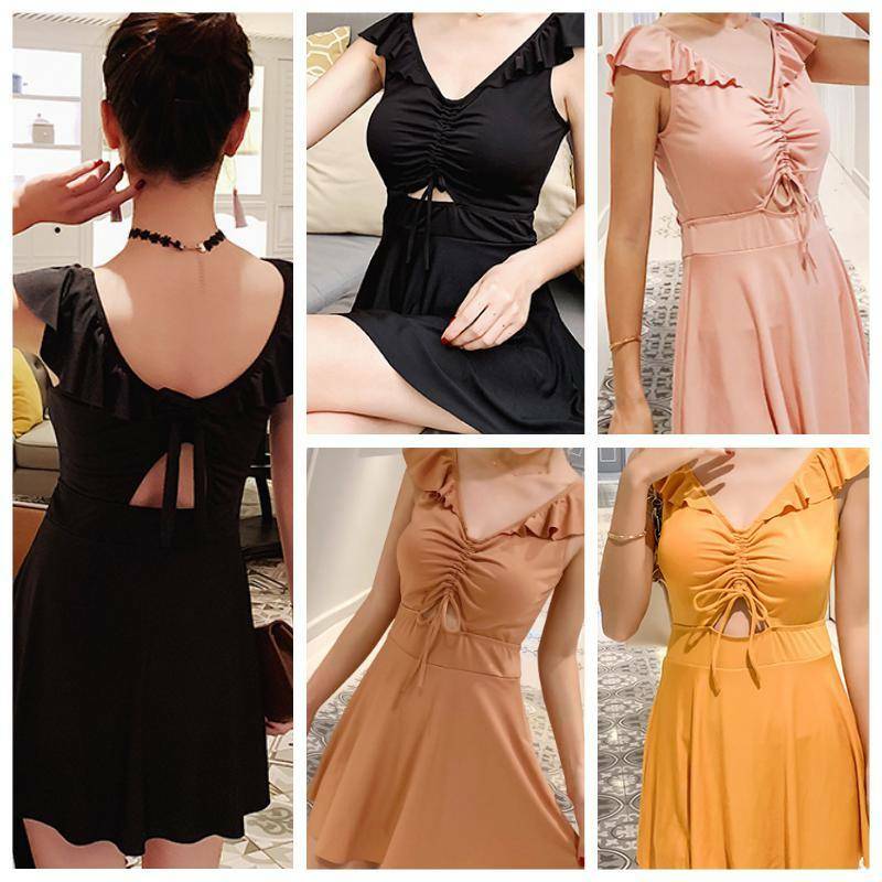 水着 レディース ワンピース 体型カバー スカート 無地 フリル ギャザー 背中見せ バックシャン リボン 色違い 洋服風 Happy Toon