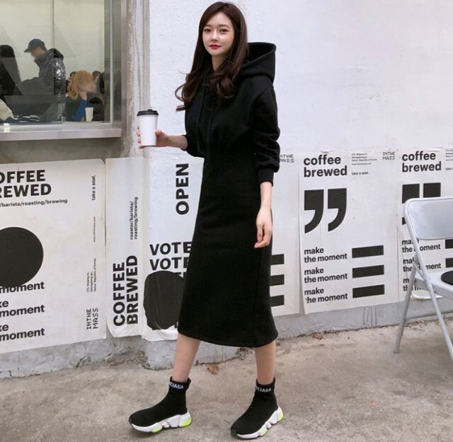 おしゃれシルエットの フード付き ワンピース スカート シングル ミドル丈 長袖 無地 スリーブ らくちんワンピ秋 海外のおしゃれな大人のレディースファッション通販サイトhanano Emon