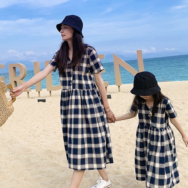 親子ペア チェックワンピース Vネック 半袖 チェック クラシカル マキシロング丈 カジュアル 春 夏 親子リンク 親子コーデ おそろコーデ リンクコーデ 親子 キッズ おしゃれ サイズ お出かけ Pl 0057 Y Orurea Berry オルレアベリー
