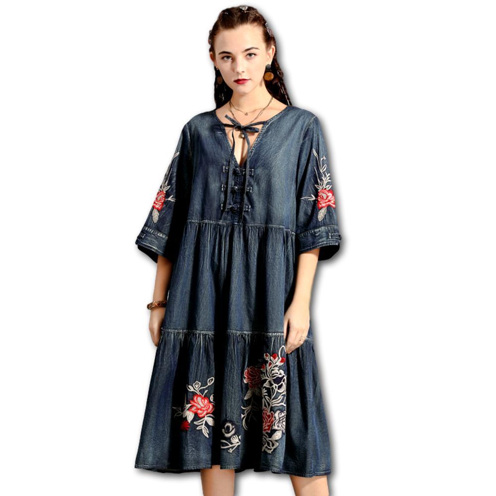 Vネック 刺繍 デニム ワンピース ワイド袖 Z502 Zizzle 気軽に着れるボヘミアン ファッション