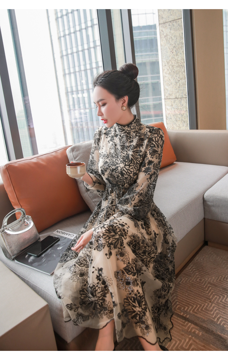 激安モール ドレス ワンピース パーティードレス 膝下 ミモレ丈 袖あり ボリューム袖 ハイネック Aライン 通販クーポン Brjstyle Com