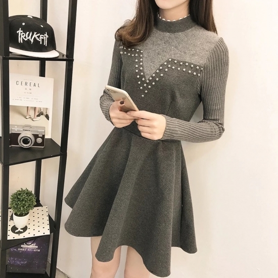 送料無料 ニット切り替えワンピース フレア ミニ丈 パール プチハイネック 3321 Acty