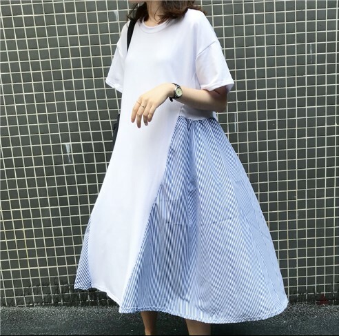 切り替えワンピース ロング ワンピース レディース ストライプ シャツ フレア シャツワンピース シンプルワンピース 夏 春 春夏 プチプラレディースファッション通販 Yboueki