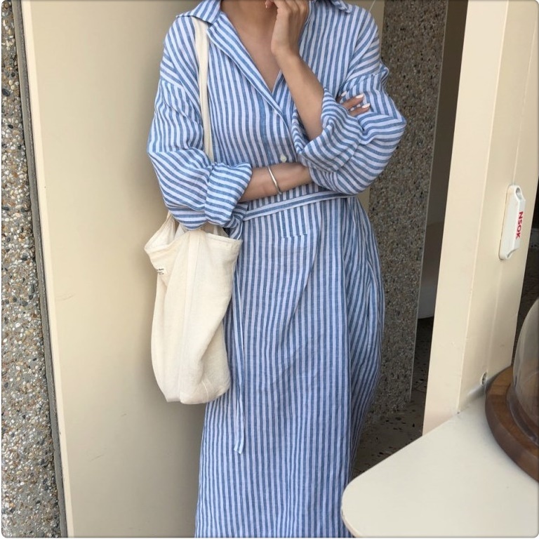 人気 シャツワンピース ストライプ コットン ロング丈 春夏 長袖 シンプル 無地 ゆったり 10代 代 30代 40代 新作 ウエストリボン ウエストマーク スリット 韓国ファッション キュート フェミニン レディース 着回し力 人気沸騰 お買い得 トレンド カジュアル 普段着