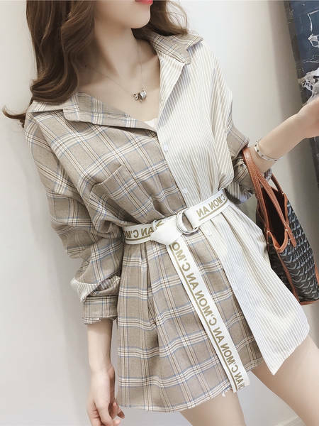 ワンピース チェック 秋 シャツ ワンピ アイドル かわいい 黒スカート 個 オルチャン 韓国ファッション Sweetly