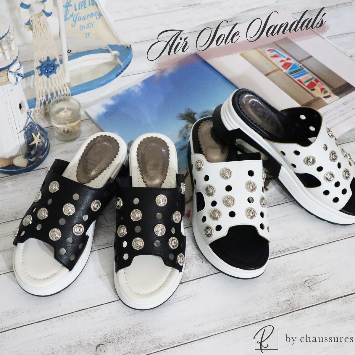 送料無料 レディース Sale オープニングセール レディース サンダル スポーツサンダル ミュール スタッズ パンチング モノクロ エアーソール R By Chaussures