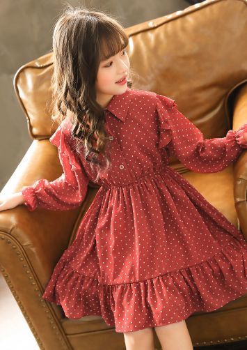 ドット柄 シフォン シャツ ワンピース 110 150cm 赤 フリル 春服 長袖 ガーリー 女の子 可愛い Aライン フレア スカート 19s S 韓国 子供服 P065 A Dear Child ドット柄 シフォン シャツ ワンピース 110 150cm 赤 フリル 春服 長袖 ガーリー 女の子 可愛い Aライン フレア スカート 19s S 韓国 子供服 P065 A Dear Child