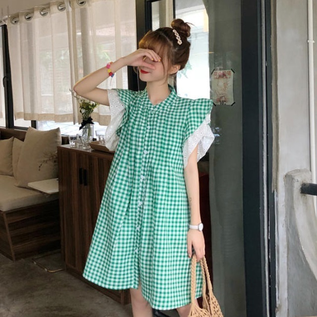 送料無料 ギンガムチェック ワンピース 膝丈 重ね着風 フリル レース フレンチスリーブ ゆったり ガーリー フェミニン レトロ お揃いコーデ 双子 コーデ ガーリーコーデ イベント お出かけ デート 普段使い デイリー Op 123iu ワンピースコーデのお店 Flower Silhouette