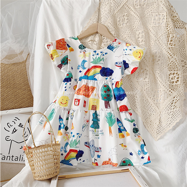 90 130 ワンピース 落書き風 総柄 バルーン袖 韓国版 韓国子供服 子供服 キッズ Q Toworld キュートワールド 子供服 メール便は何点でも送料の合計は280円