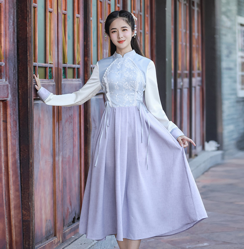 チャイナ風ワンピース 可愛いワンピース チャイナ風服 中華服 改良唐装 改良漢服 民族風 スタンドネック 長袖 ロング丈 普段着 S M L Ll Aライン レトロ 切り替え Dresszone