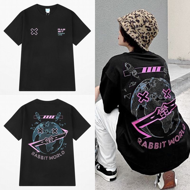 韓国ファッション Tシャツ ユニセックス Tシャツ 半袖 メンズ レディース ラウンドネック アースラビット プリント かわいい オーバーサイズ 大きいサイズ ルーズ ストリート