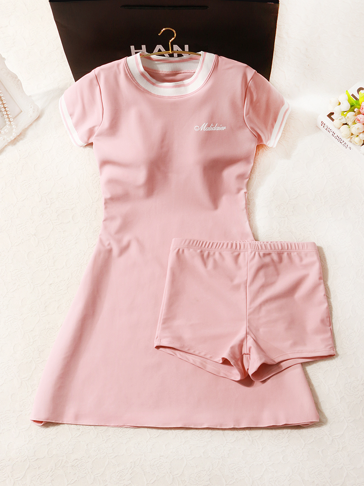 ワンピース水着 半袖 Uネック 洋服みたいな水着 胸元ロゴ M L Xl ピンク グリーン ブラック パッド付 Aライン Diamond Lily