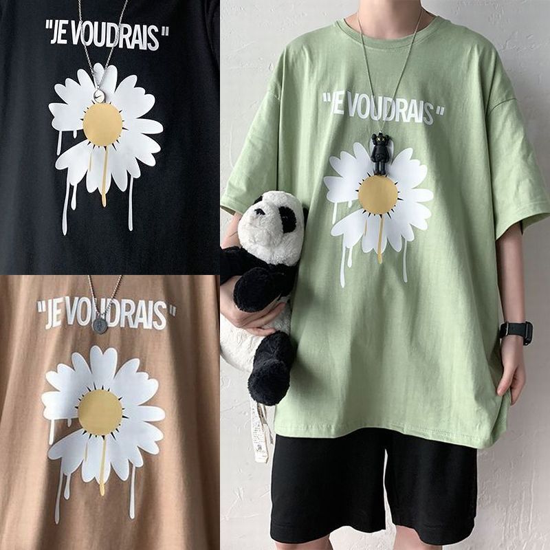 韓国ファッション Tシャツ ユニセックス Tシャツ 半袖 メンズ レディース ラウンドネック 英字 フラワー デイジー プリント オーバーサイズ 大きいサイズ ルーズ ストリート