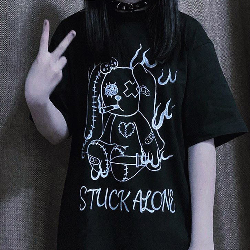 韓国ファッション Tシャツ ユニセックス Tシャツ 半袖 メンズ レディース ラウンドネック 垂れ耳うさぎ プリント オーバーサイズ 大きいサイズ ルーズ ストリート