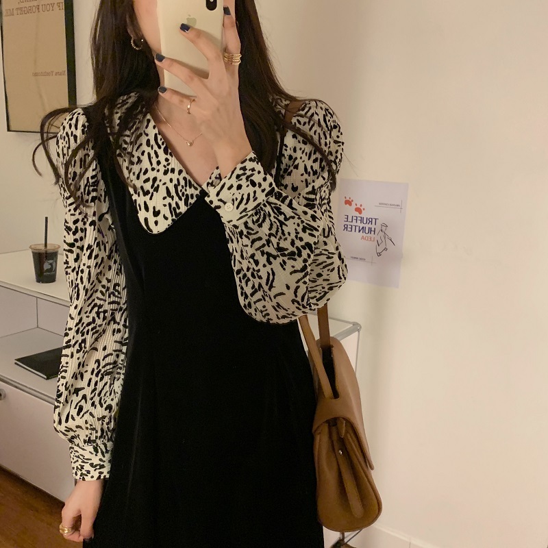 送料無料 ワンピース ロング 重ね着風 ヒョウ柄風 ドッキングワンピース ロングワンピース 黒 無地 長袖 大人かわいい おしゃれ Vネック 襟付き レトロ ガーリー 柄 シャツ ワンピ ブラウス風 大人っぽい 個性的 10代 代 秋 冬 トレンド カジュアル コーデ 韓国