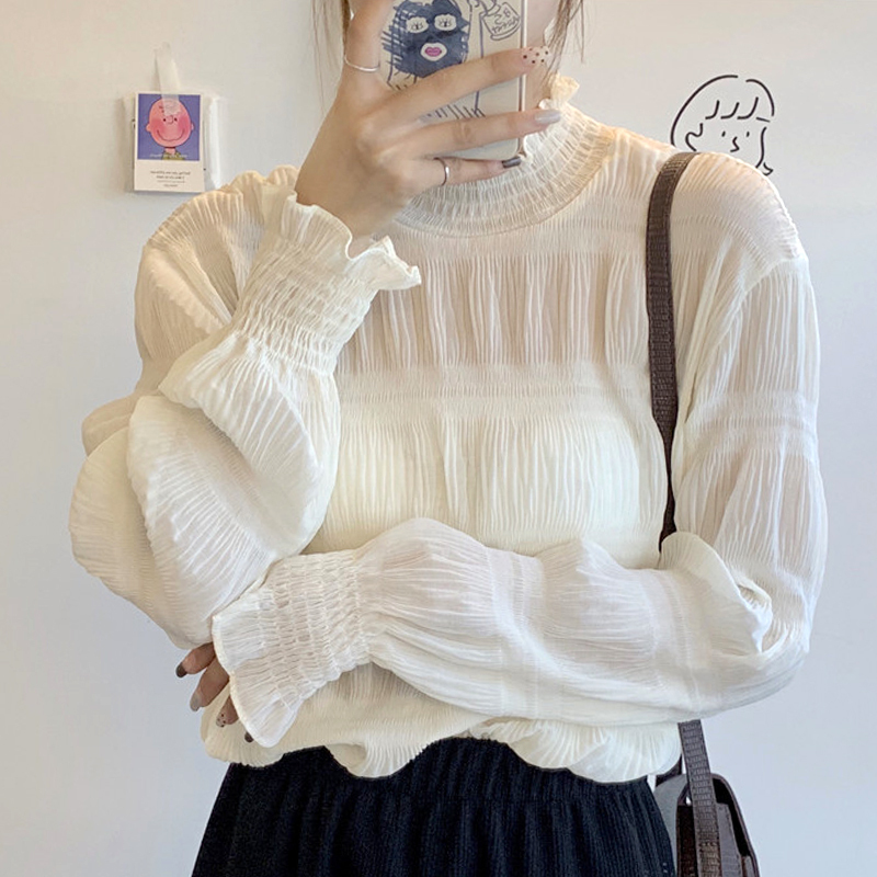 トップス レディース シャツ ブラウス レース 透け感 シフォン ハイネック 長袖 韓国 春 夏 秋 10代 代 30代 40代 スタンドカラー 重ね着 プリーツ シャーリング 総レース おしゃれ きれいめ ブラウス コーデ 春トップス カーキ ブラック 黒 アプリコット ベージュ