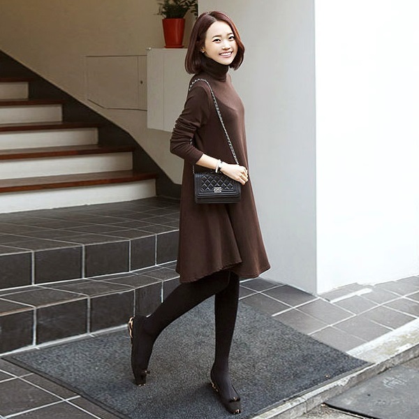 ワンピース フレアワンピース フレア フレアスカート 長袖 膝丈 タートルネック ハイネック チュニック 体型カバー シンプル デイリー お出かけ Eine Katze