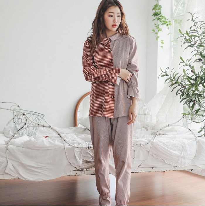 マタニティ パジャマ チェック柄 バイカラー ツートンカラー 前開き