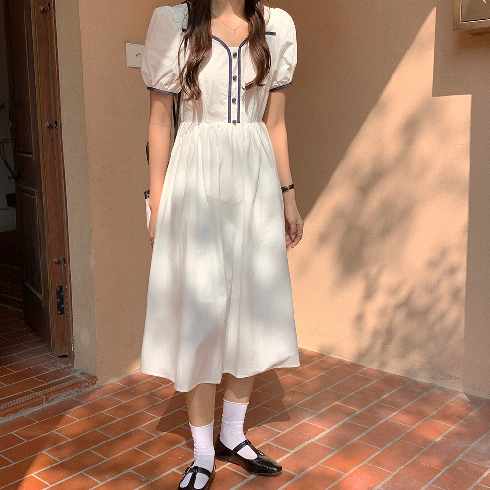 パフスリーブワンピース 半袖 ハートネック ハイウエスト ミモレ丈 白ワンピ パイピング 清楚 ガーリー かわいい デート Tp3418 Ladys Paradise パフスリーブワンピース 半袖 ハートネック ハイウエスト ミモレ丈 白ワンピ パイピング 清楚 ガーリー かわいい デート Tp3418 Ladys Paradise