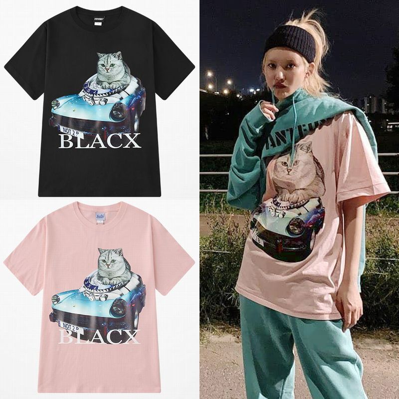 韓国ファッション Tシャツ ユニセックス 半袖 Tシャツ メンズ レディース 車 ネコ プリント オーバーサイズ 大きいサイズ ルーズ ストリート
