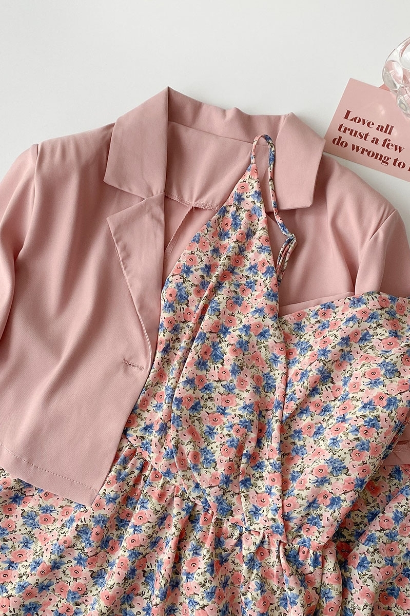 セットアップ 花柄 ワンピース キャミ 夏 秋 かわいい 韓国ファッション ピンク シャツ 591 Sweetly